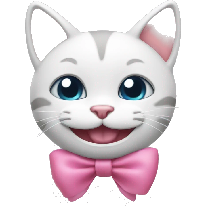 Happy cat face that has 3 as a mouth blushing/happy with a pink bow emoji