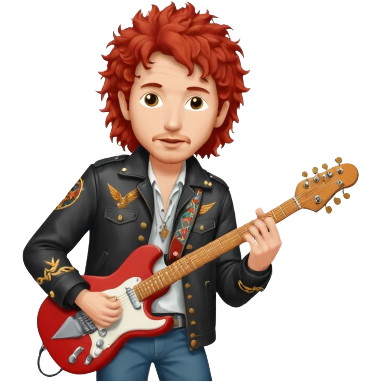 realistic cinematic Bob Dylan, unshaven and long haired, in a motor jacket embroidered with bronze cranes, plays an electric guitar, his long curly hair is red from the spotlights emoji