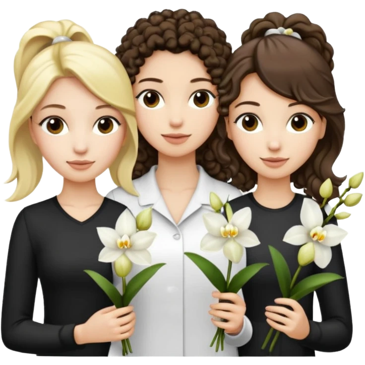 3 female musketeers, one with dark brown curly hair, one with straight blond hair, one with blond hair in pony tail, all holding orchids emoji