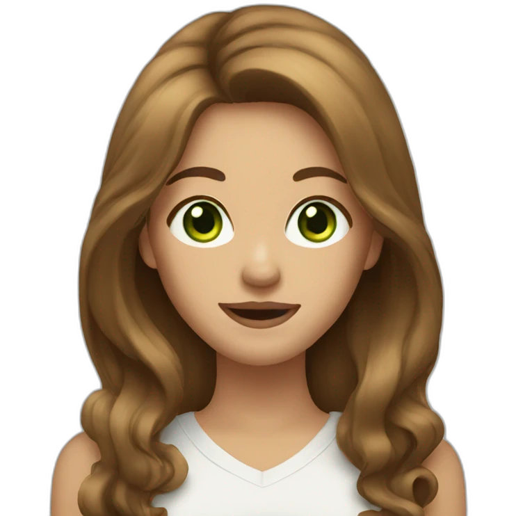 Woman long Brown hair Green eyes Big mouth emoji