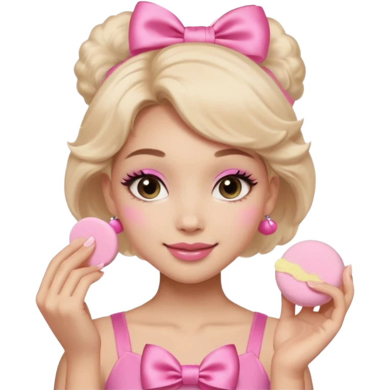 female face, light skin tone, small simple closed smile. One hand visible holding a round fluffy pink makeup powder puff pressed to the cheek; the puff has a small satin bow. emoji