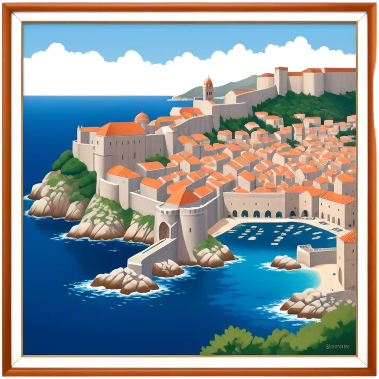 Cinematic Realistic Dubrovnik Landmark Emoji, showcasing the historic walled city with its terracotta rooftops, stone fortifications, and the deep blue Adriatic Sea stretching beyond. emoji