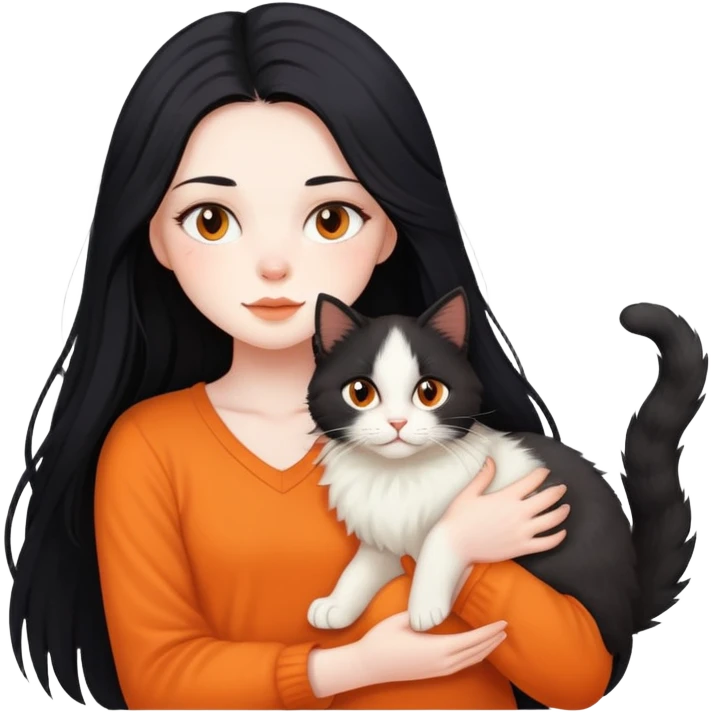 A girl with long black hair holding a Devon cat emoji