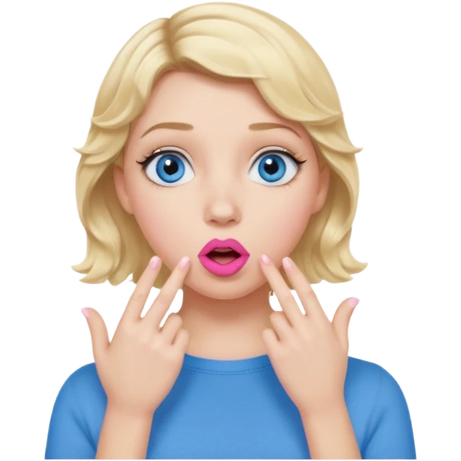 Girl Blonde short wavy hair,  blue eyes, cute blue top, long lashes, pink lips, shocked, hand over the mouth emoji
