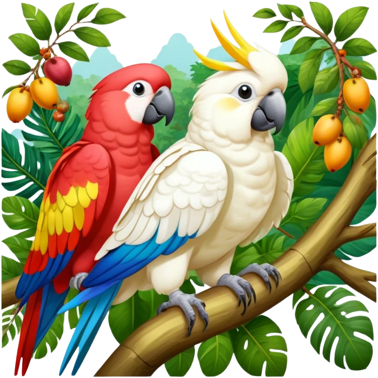 Close-up of colorful parrots Ara and Cockatoo Inca perched on tree branches, surrounded by lush greenery. Bright, vivid feathers contrast with the natural background of trees, leaves, fruits. Soft natural light, enhancing vibrant colors. Transparent background. emoji