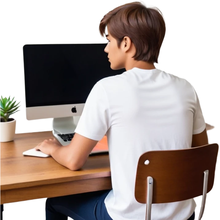 A man seen from behind, with detailed, well-lit hair. He is sitting in front of an open MacBook on a desk. On the MacBook screen, the Instagram logo is clearly visible and glowing. The scene has a modern, minimalistic aesthetic with natural lighting and a sharp, high-resolution look. emoji
