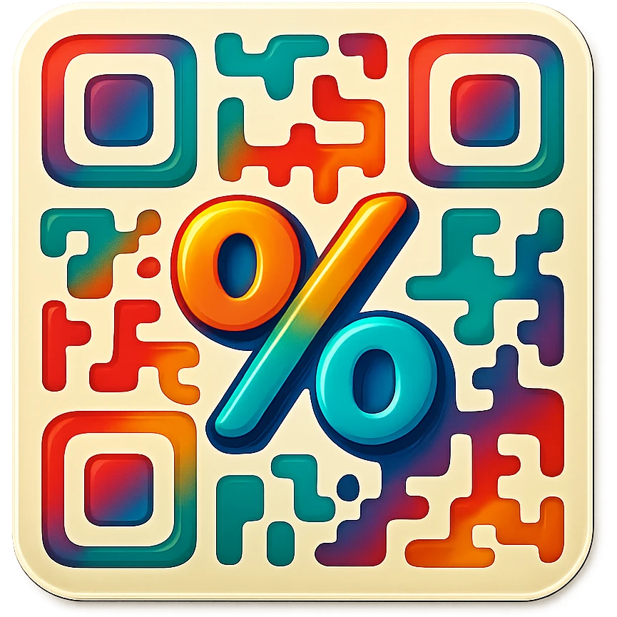 badge featuring a QR code that integrates a large percent sign (%) within it emoji