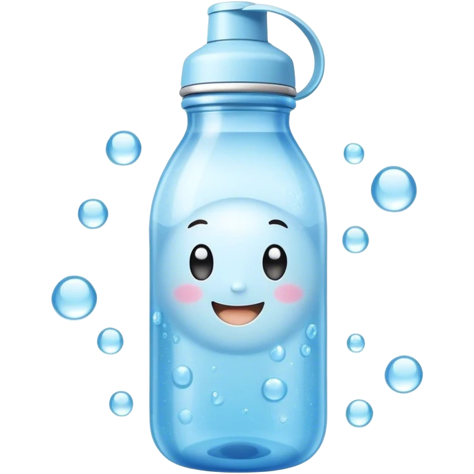 Cute Kawaii Water Bottle, round and bubbly, soft blue with tiny water droplets around, a happy smiling face, gentle glowing highlights, fresh and refreshing vibes! emoji