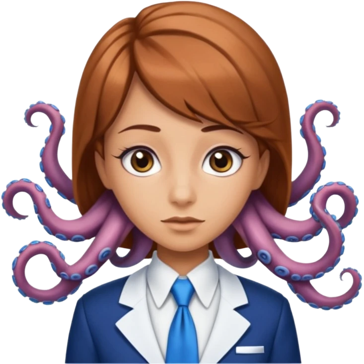 tanned, Doe hazel eyes, Octopus hair cut, White uniform top with blue tie, blue long skirt, Long lashes  emoji