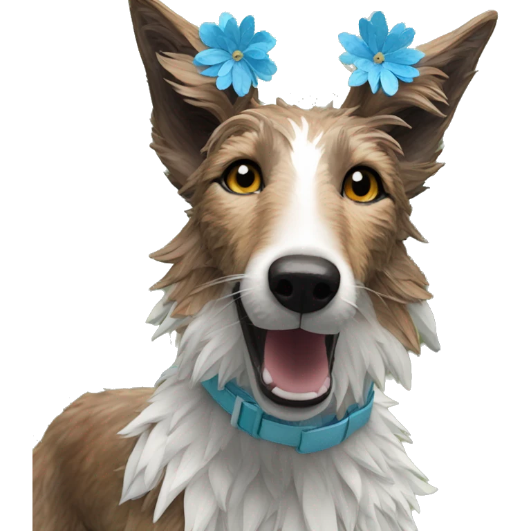  brindle fluffy lurcher fox running blue eyes fluffy ears and holographic harness wearing paper flower crown emoji