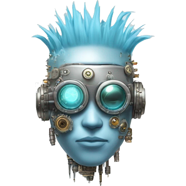 Pastel blue Mohawk cyborg head with silver steampunk goggles and circuits emoji