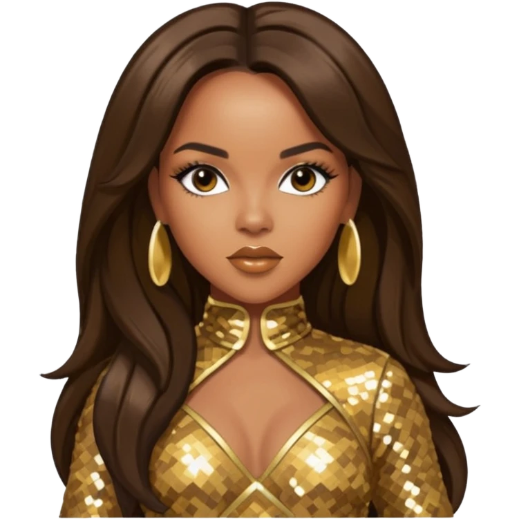 LeToya Luckett from Destiny's Child with dark brown long hair, gold outfit emoji