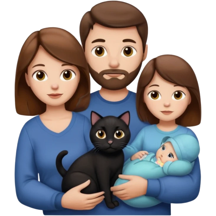 1 mom brown hair, 1 dad NO beard, 1 baby and 1 black cat emoji