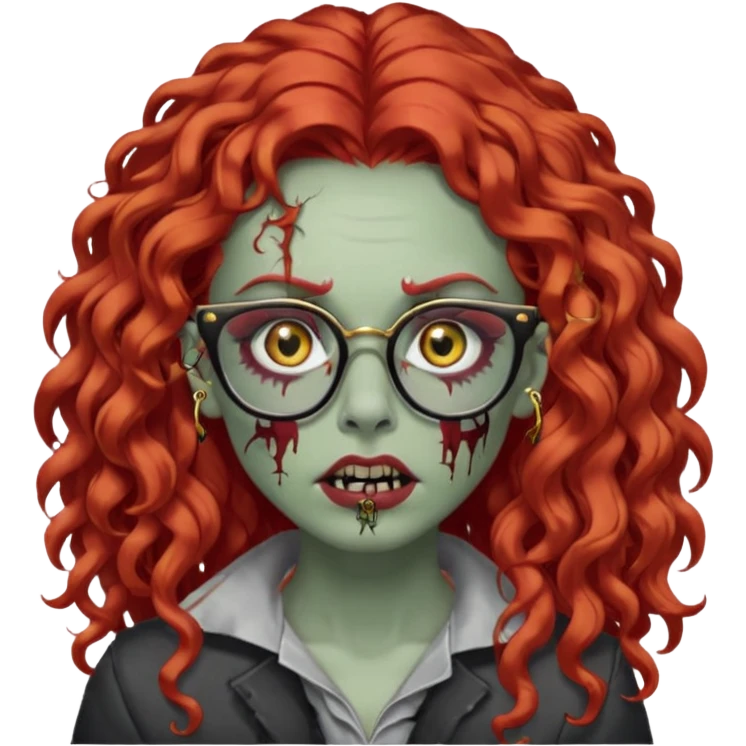create a zombie with long red curly hair, thick lashes, black square glasses, gold nose piercings on each side of her nose, and a gold eyebrow piercing. emoji