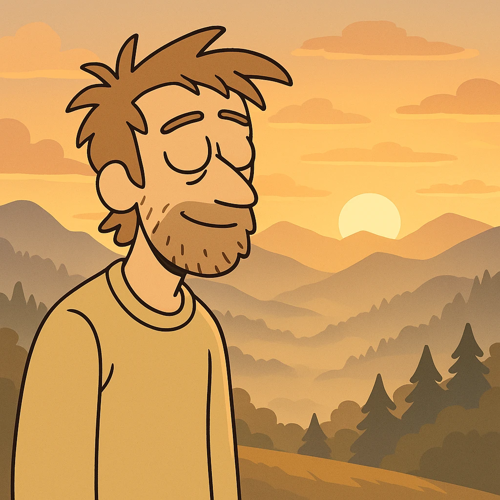 aesthetic morning sunrise, misty mountains, golden sunlight, tranquil mood, in Flat Toon style emoji
