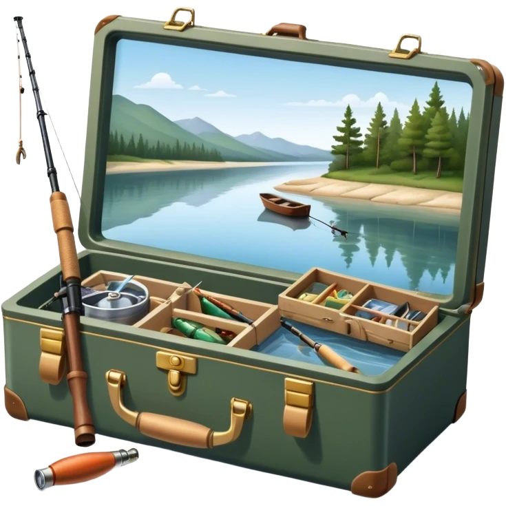 Icon for Fishing: a boat on the shore of a peaceful water body with a beautiful natural landscape, a fishing tackle box, a spinning rod, and boots nearby. The icon should capture the tranquility and gear of a fishing adventure. Transparent background. emoji