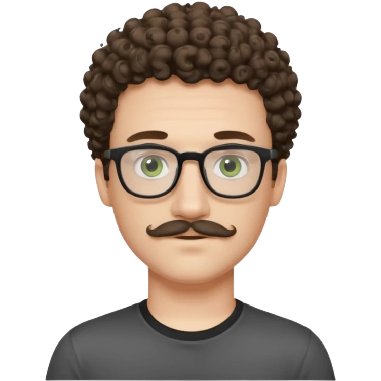 Light brunette curly haired young man with pale skin and glasses. Eyes are greenish grey and he has a moustache. Black t-shirt. emoji