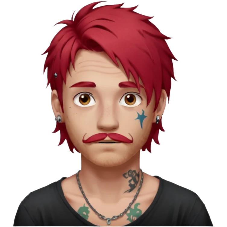 generate an ios genmoji of a 20 year old boy with shoulder length hair messy very messy dyed red hair. ear piercings. a lot of tattoos. and a faint stubble mustache emoji