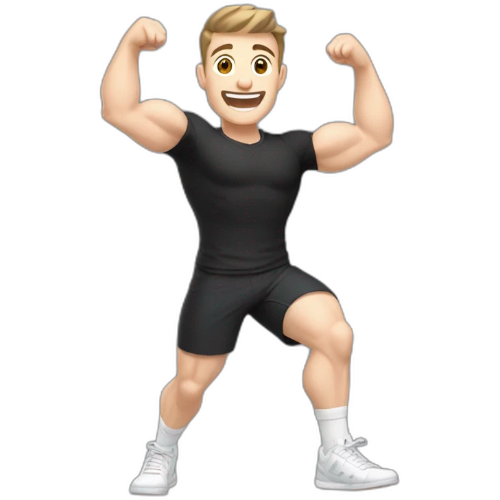 Joyful Celebrating victory Pale skinned Fit Man With the biceps and dark brown hair in black shirt, gray sports shorts and white Sneakers emoji
