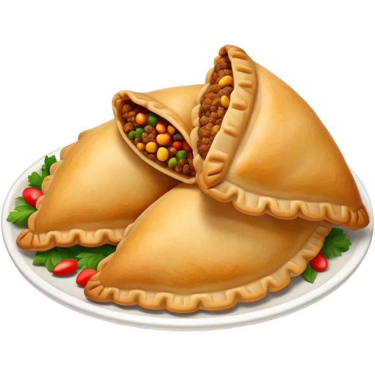 Cinematic Realistic Empanadas Dish Emoji, showcasing crispy fried turnovers filled with spiced meat and vegetables rendered with rich textures and dynamic, appetizing lighting. emoji