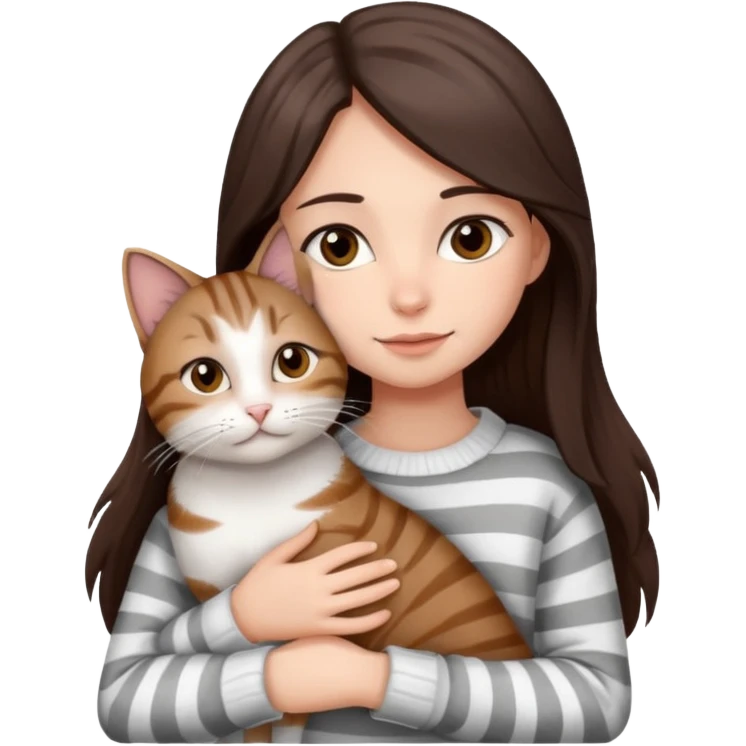 a girl with long dark brown hair, in a
white sweater and brown eyes, hugs a tabby
grey and white strips one cat. emoji