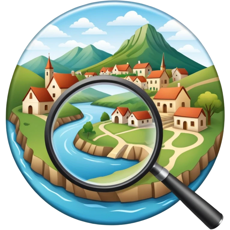 An icon featuring a magnifying glass over a local map, with a small village, traditional house, and natural landmarks like a river and hill, symbolizing local history and geography. Transparent background highlights the study of native land, culture, and heritage. emoji