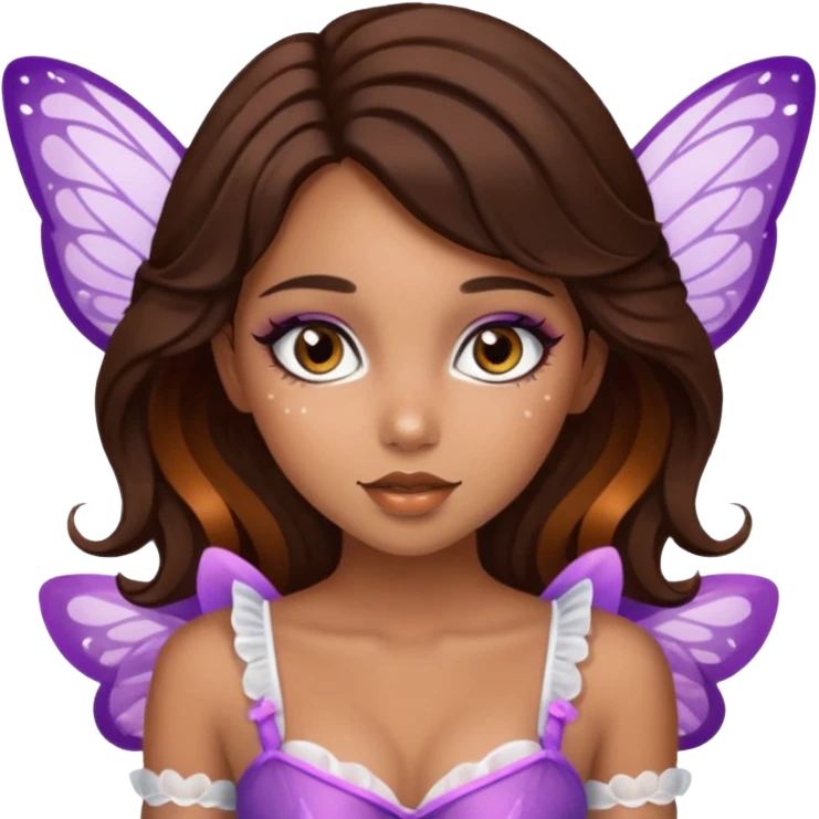 Pretty girl with caramel skin. Dark brown hair and brown eyes. She has freckles. Wearing sexy makeup. Wearing a fairy costume. wearing white fishnet tights on legs and heels on feet emoji