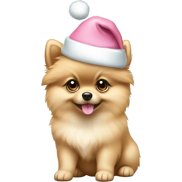 beige pomeranian puppy full body light blue eyes pink christmas hat on emoji