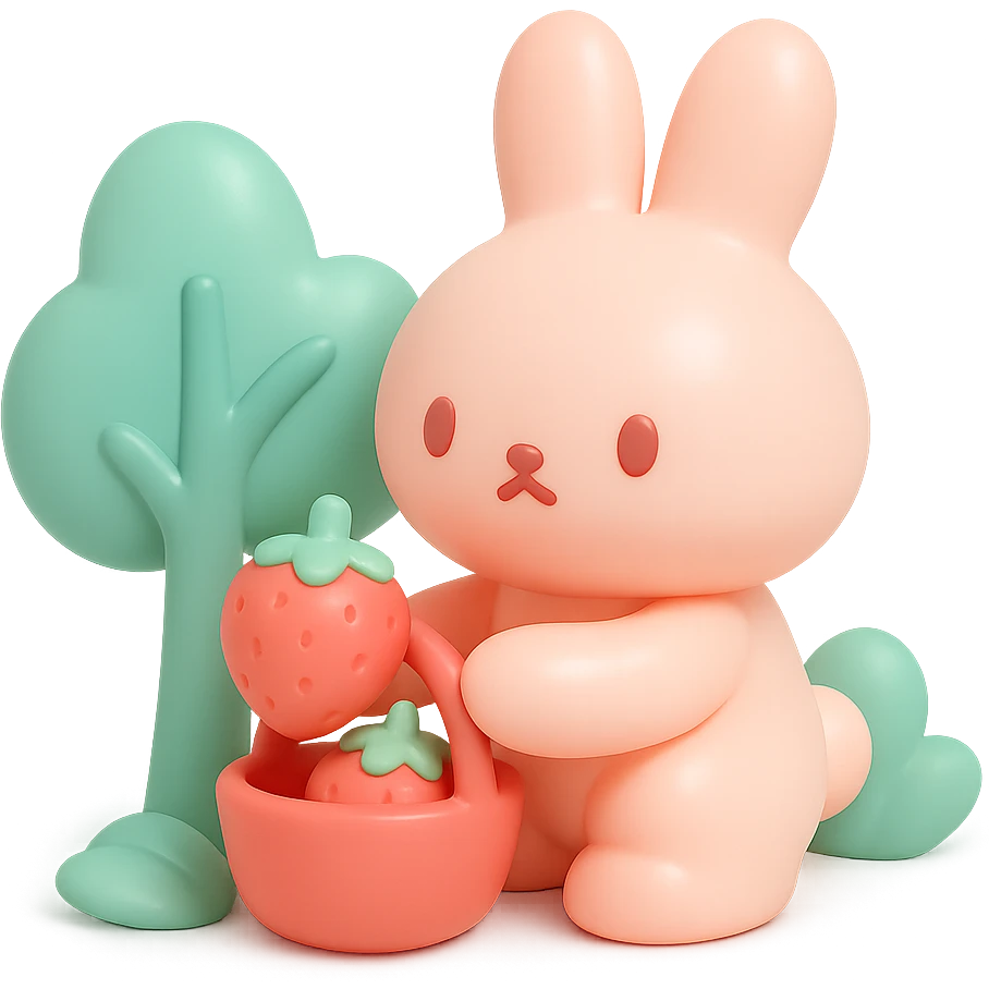 bunny picking strawberries in the woods, sweet pastel red, vinyl figure style emoji