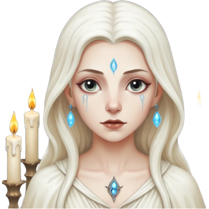 Pale sorceress lit by dozens of candles, wet skin glow, slow seductive gaze, dark fantasy cinema emoji