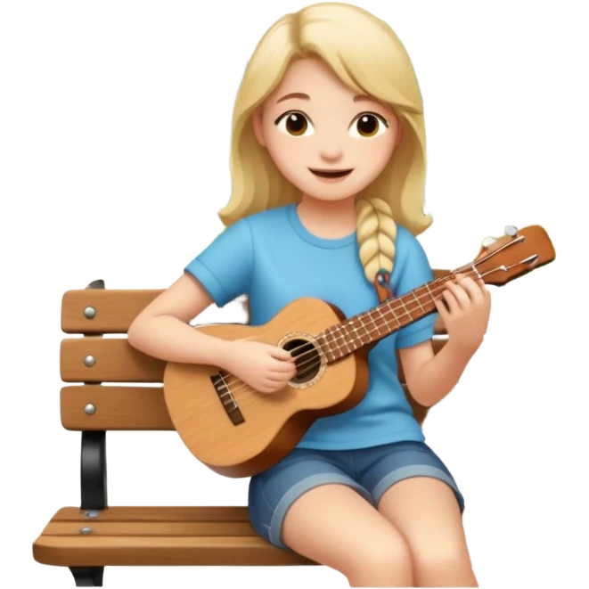 Teen girl – relaxed on park bench, strumming a ukulele, smiling.
 emoji