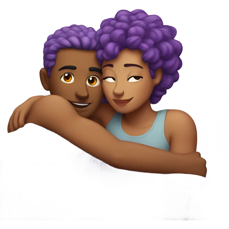 Purple haired girl and boyfriend cuddling in bed emoji
