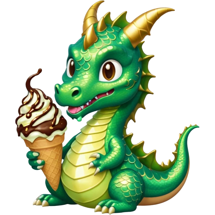A shiny glittery dragon eating ice cream emoji