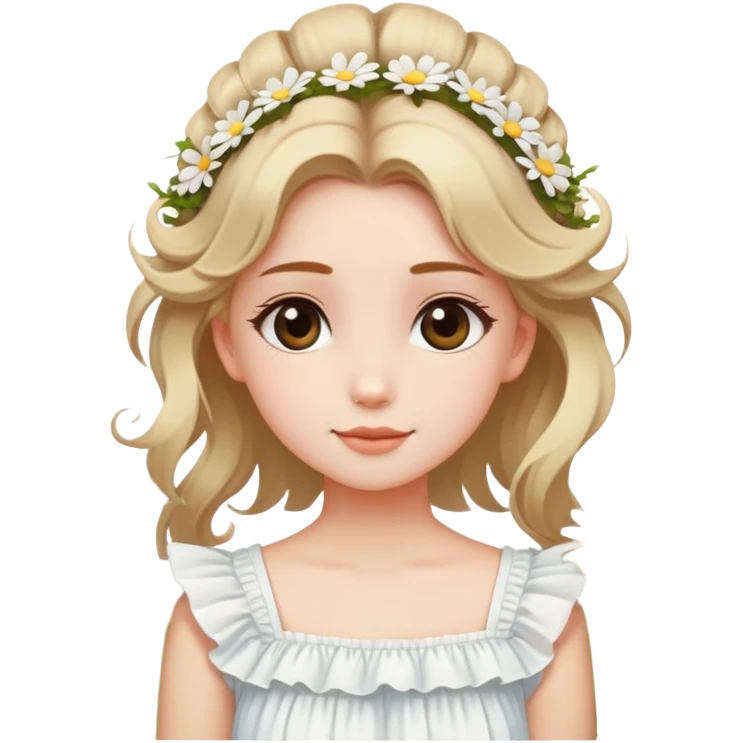  A girl with a half-up half-down hairstyle, tiny daisies in her hair, and a white ruffled top, enjoying the spring breeze. emoji