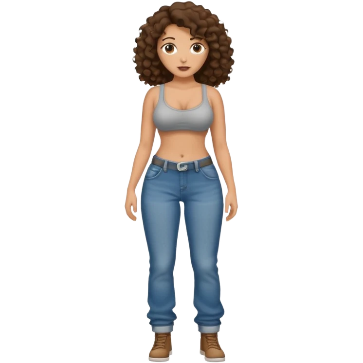 Full length curly brunette with bid tits and sagging jeans watched from the front  emoji