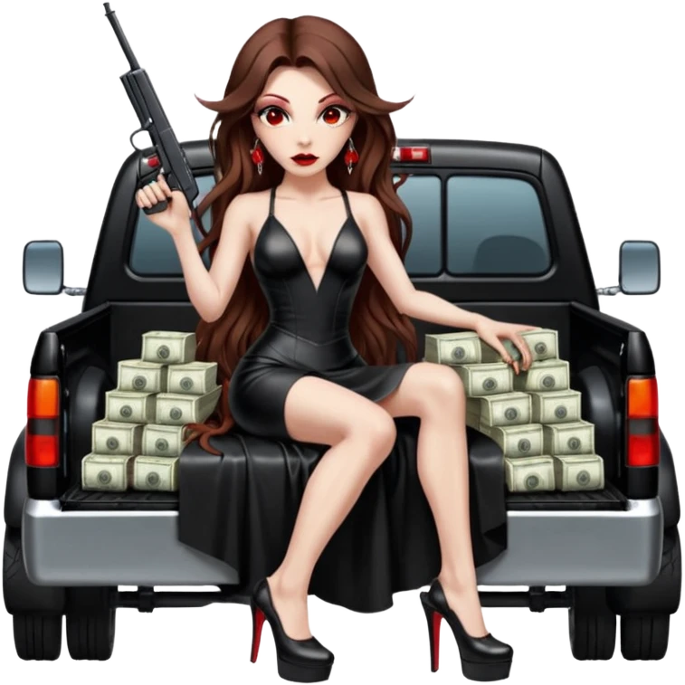 Lilith symbol red eye seductress evil long brown haired sexy succubus woman with leather long dress with slit on, sitting in Big Large F350 pickup truck. Platform long high heels on feet. Back seat full of stacks of cash, she is  Holding a human skull of her enemies in car and a gun in other hand emoji