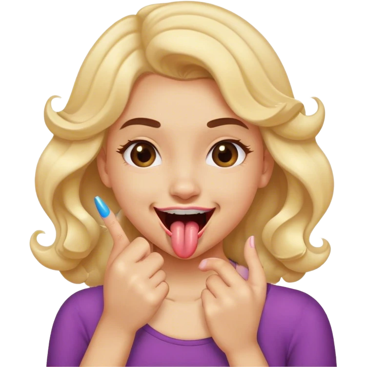 A pretty girl putting her tongue over her top teeth while smiling and curling a of her fingers in front of her mouth  emoji