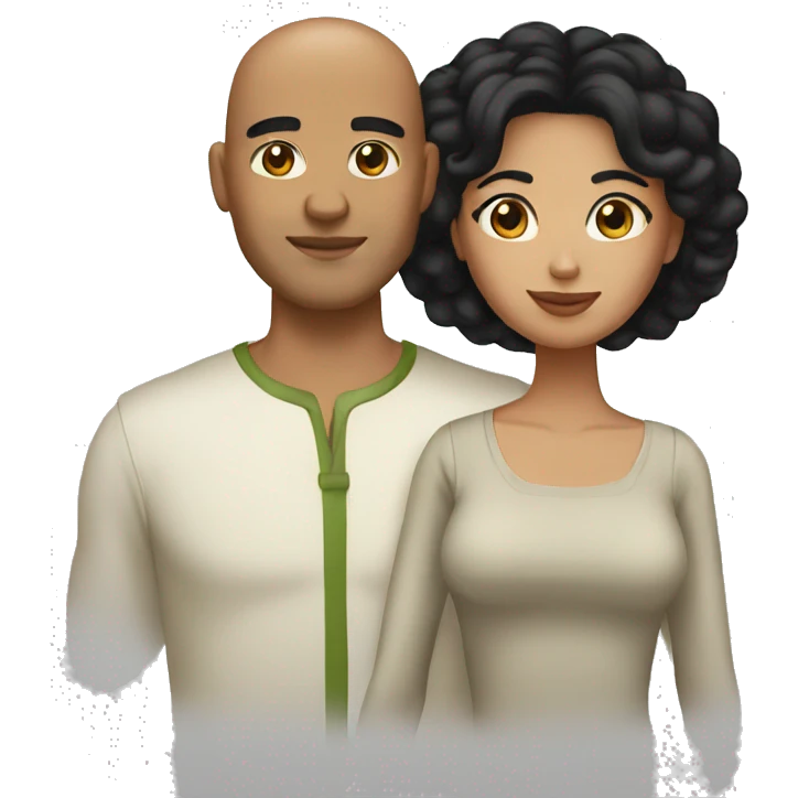 A couple. The woman has shoulder length black hair. The man has olive skin and a shaved head emoji
