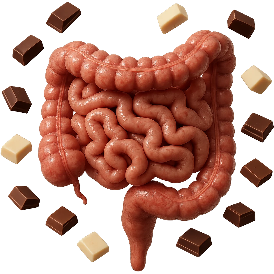 pezzetti di cioccolato fondenti, al latte e bianchi fluttuano intorno ad un intestino umano anatomico realistico, IPERREALISTICO 4K emoji