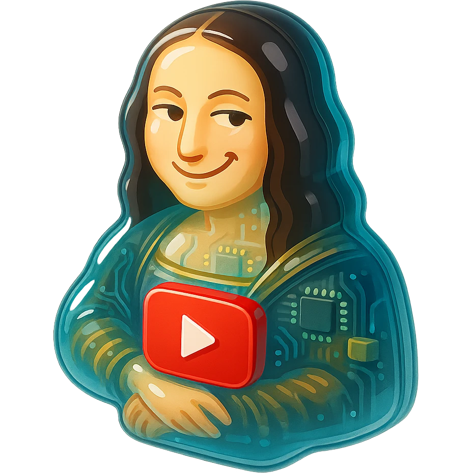 Mona Lisa with a playful sarcastic grin, red YouTube play button, glossy circuit style emoji