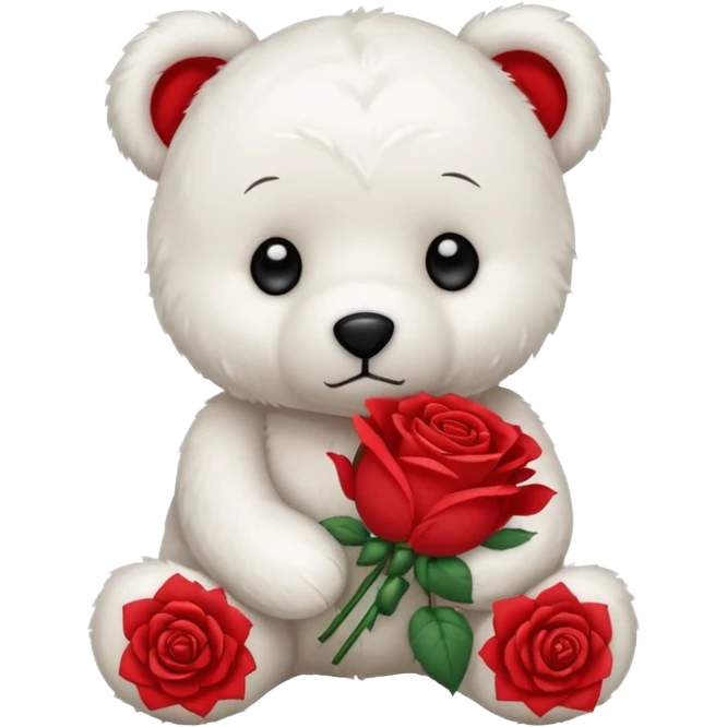 Cute white teddy bear with sad puppy dog eyes holding roses  emoji