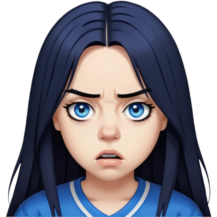 billie eilish angry long black hair blue eyes dark eyeliner makeup, wearing jersey emoji