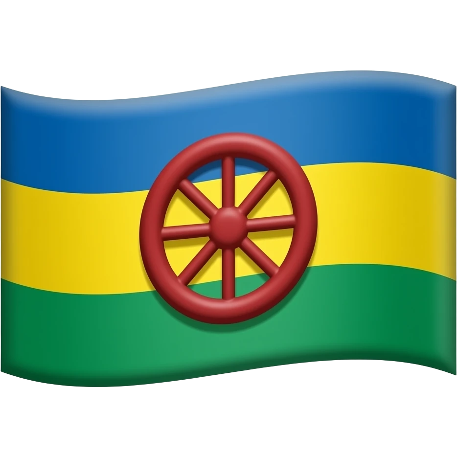 Drapeau rom/gitan, bande horizontale bleue en haut, bande horizontale verte en bas, roue rouge au centre, emoji