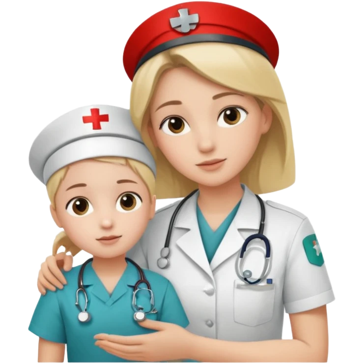A young medic (woman) attending to a child patient at the local hospital emoji