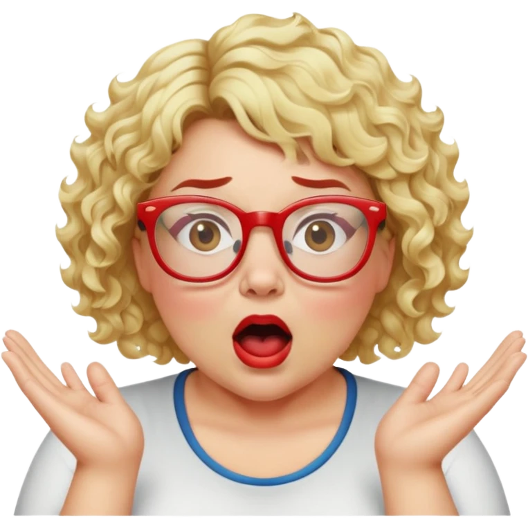 Blonde woman with short curly hair, slightly overweight, wearing glasses with red frames, shouting with hands on each side of her mouth emoji