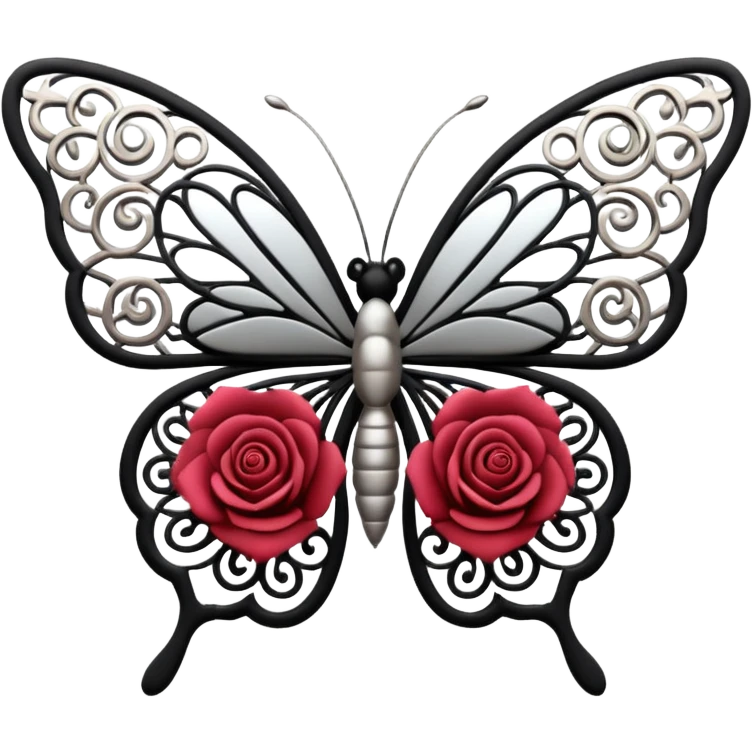 Black and silver filigree rose with a stunning butterfly, 3D, extremely detailed design emoji