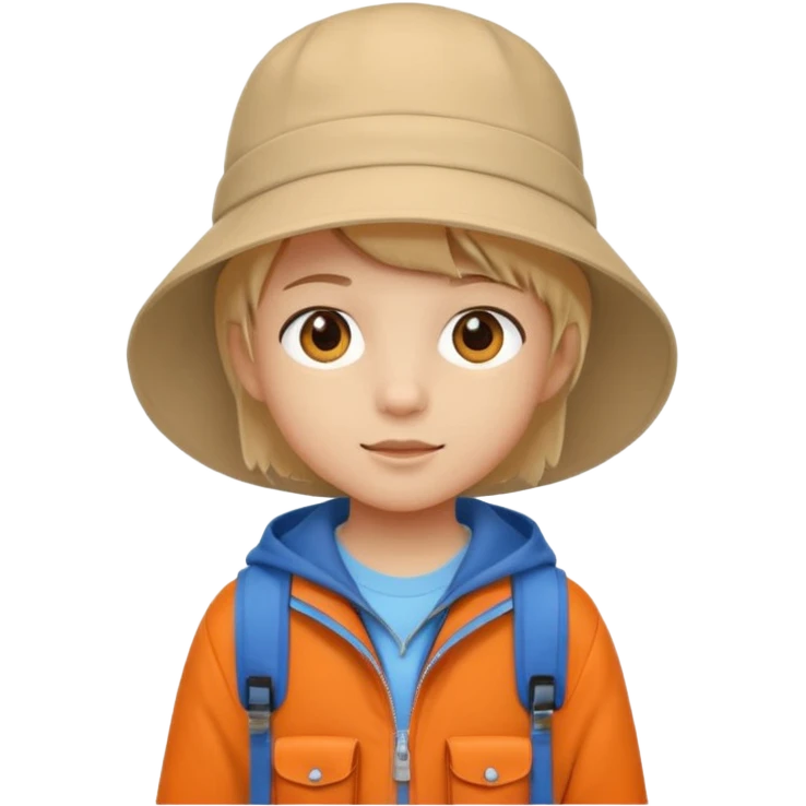 A little student with beige bucket hat, orange jacket, blue backpack emoji
