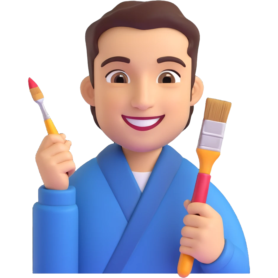 Kamal-ol-molk, Iranian painter, 3D emoji style, smiling, holding a paintbrush emoji