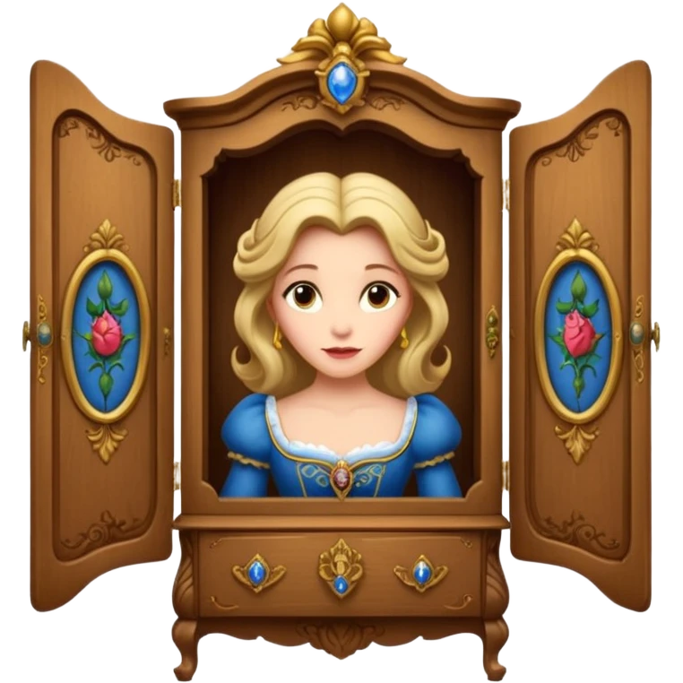 A middle-aged lady character from the fairy tale Beauty and the Beast — she was turned into a wardrobe by magic. She retains the wardrobe's original form, with an anthropomorphic face on the front of the closed cabinet. emoji