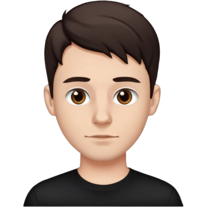 a white boy with dark brown hair, brown eyes, black septum nose piercing, black shirt emoji